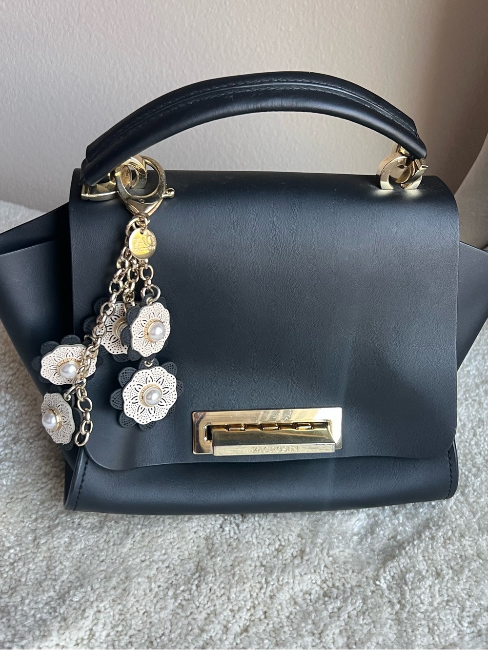 Zac Posen Black Leather Top-Handle Women’s Bag with Gold Hardware